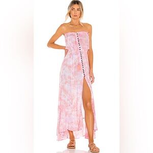 Tiare Hawaii Strapless Pink Tie-Dye Maxi Dress with Front Buttons